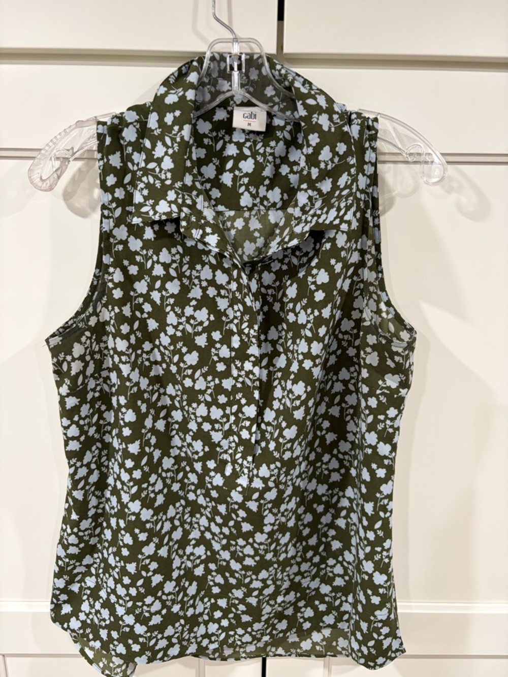 Cabi Keepsake Blouse featuring a Sage Green and Blue Floral Print.